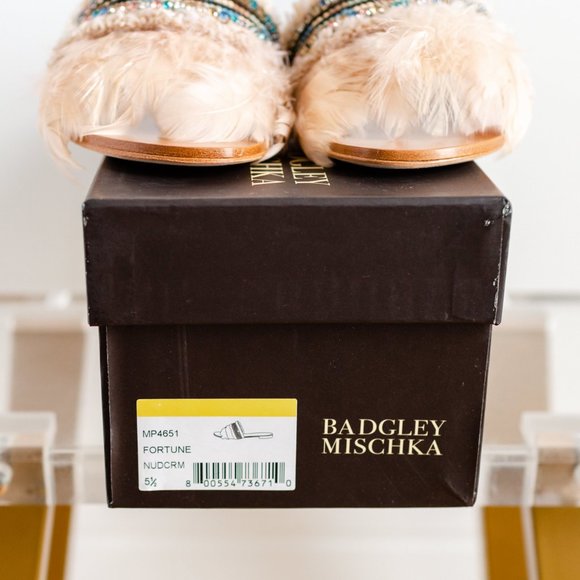 Badgley Mischka Fortune Slide Sandal African 5.5 Nude Cream Feather - Picture 7 of 11